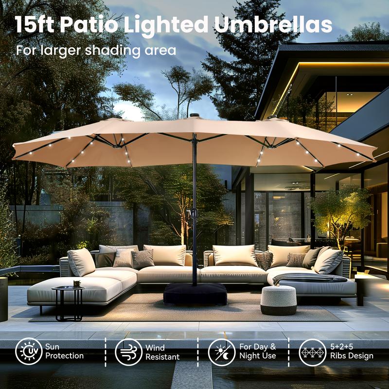 15ft Large Outdoor Patio Umbrella with Base – LED Light Option
