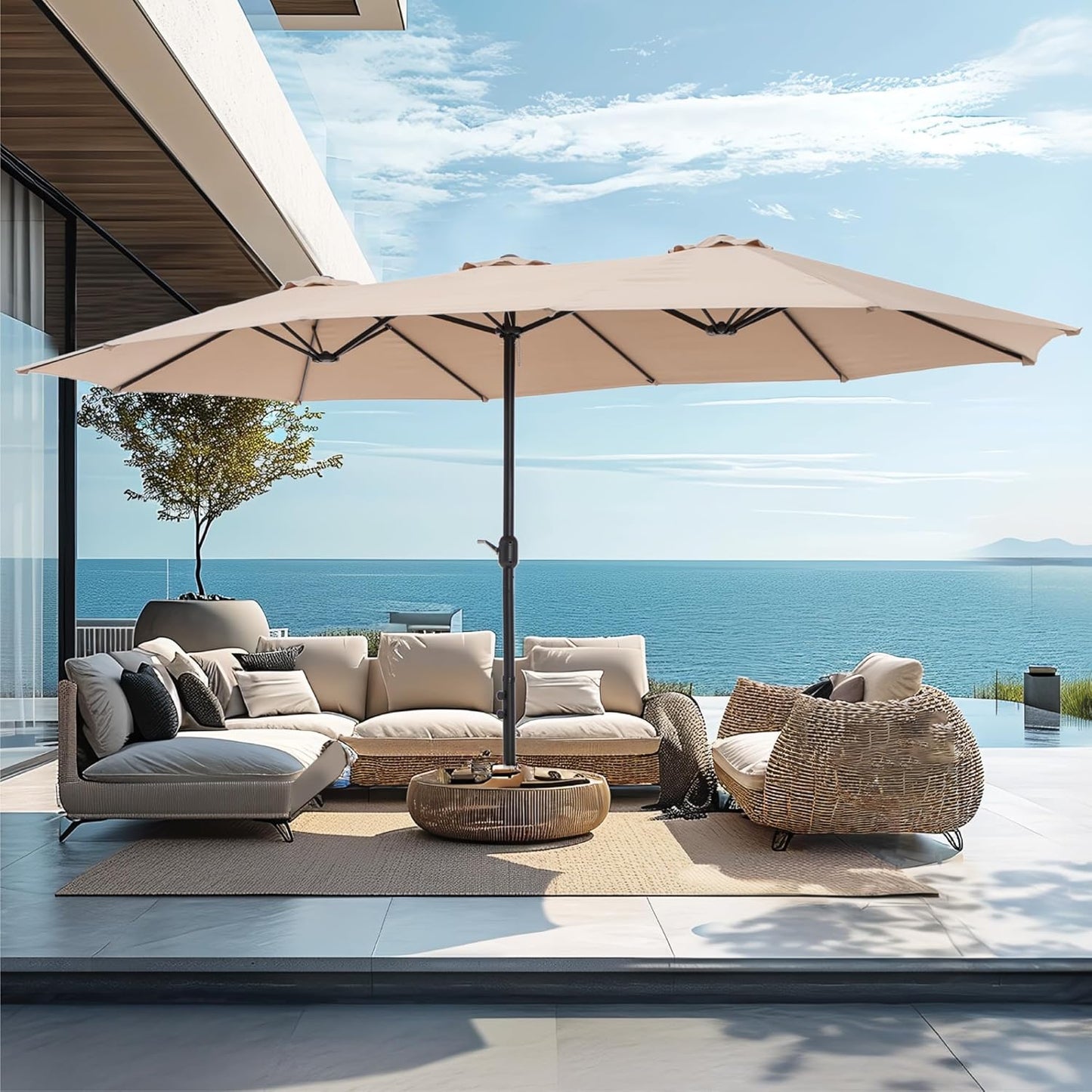 15ft Large Outdoor Patio Umbrella with Base – LED Light Option