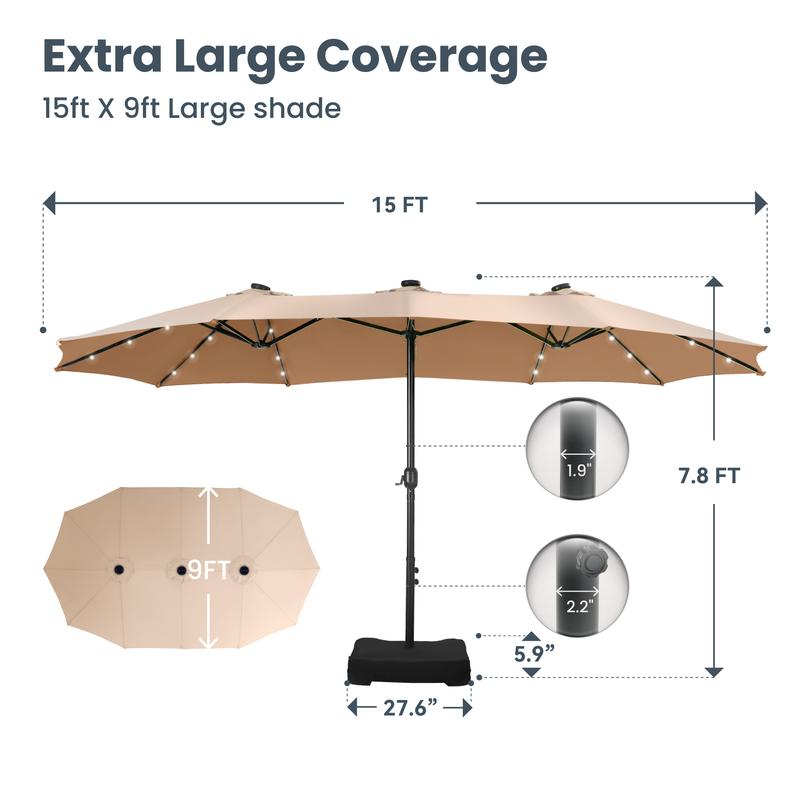 15ft Large Outdoor Patio Umbrella with Base – LED Light Option